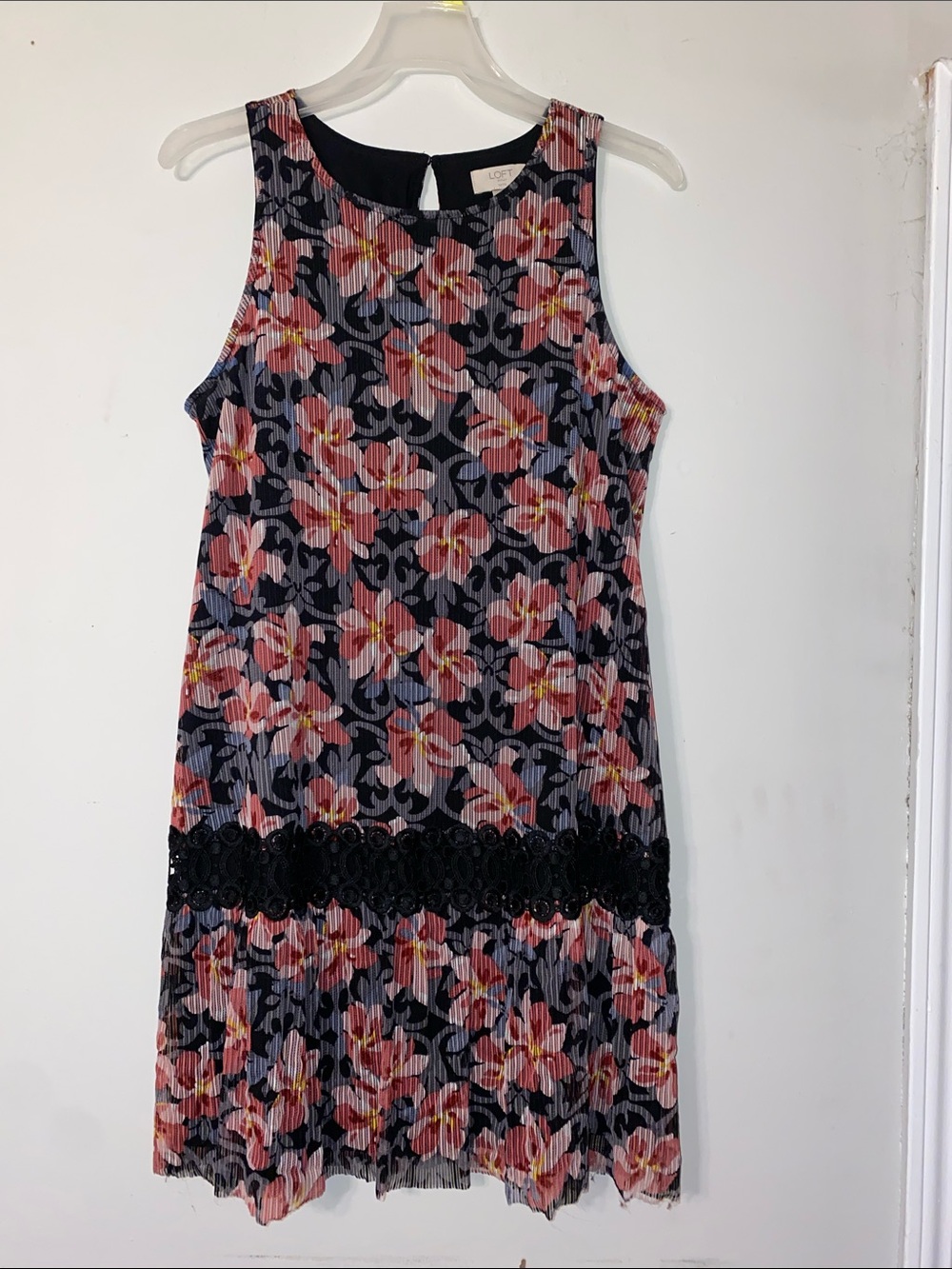 LOFT Black Mini Dress with Pink Floral Print and Lace Band